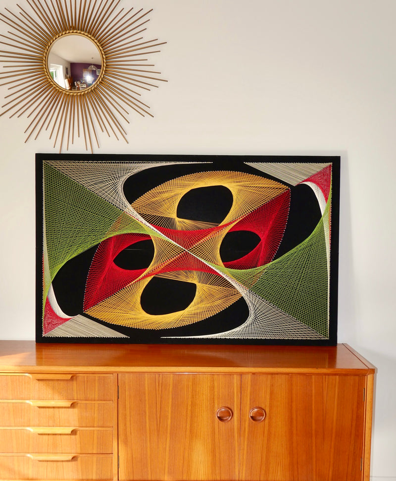 Grand Tableau Design Psychédélique Point Et Fil Multicolore - Années 1970