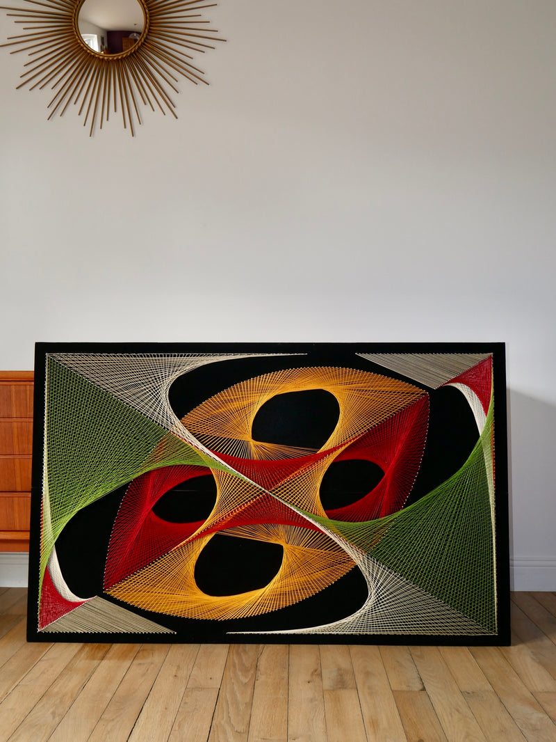 Grand Tableau Design Psychédélique Point Et Fil Multicolore - Années 1970