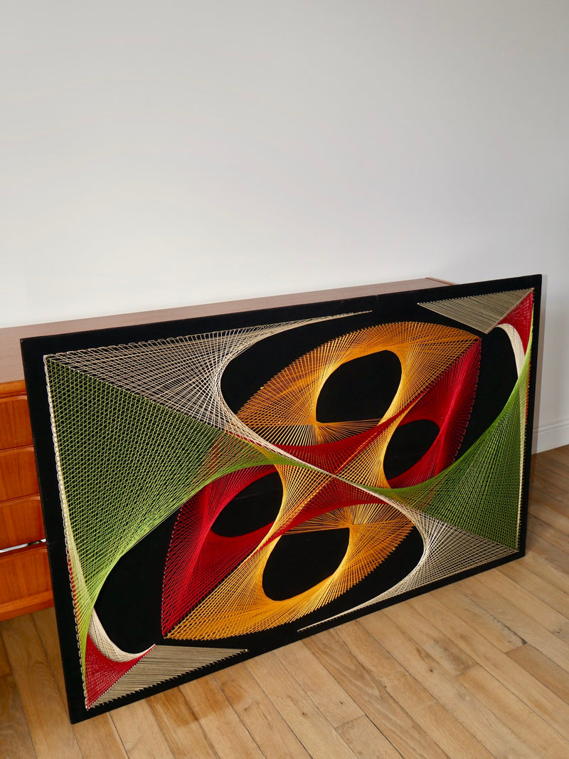 Grand Tableau Design Psychédélique Point Et Fil Multicolore - Années 1970