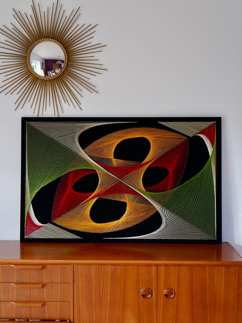 Grand Tableau Design Psychédélique Point Et Fil Multicolore - Années 1970