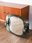 Miroir Avec Appliques Doubles Intégrées - En Verre Fumé - Bleuté - Made In Italy - Design - 1970