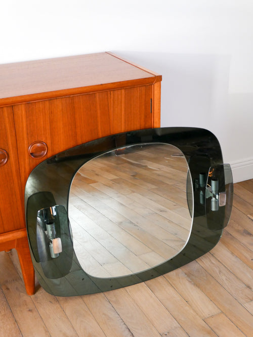 Miroir Avec Appliques Doubles Intégrées - En Verre Fumé - Bleuté - Made In Italy - Design - 1970