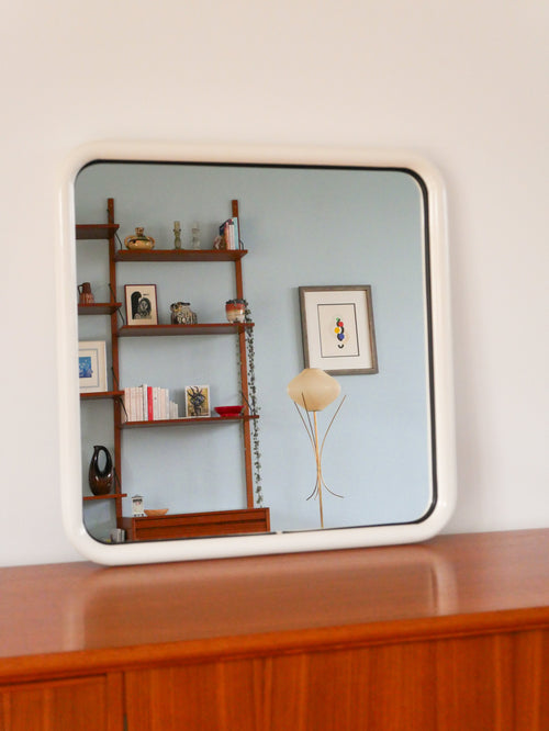 Grand Miroir En Métal Tubulaire, Forme Carrée, Blanc, Made In Italy, Design, 1970