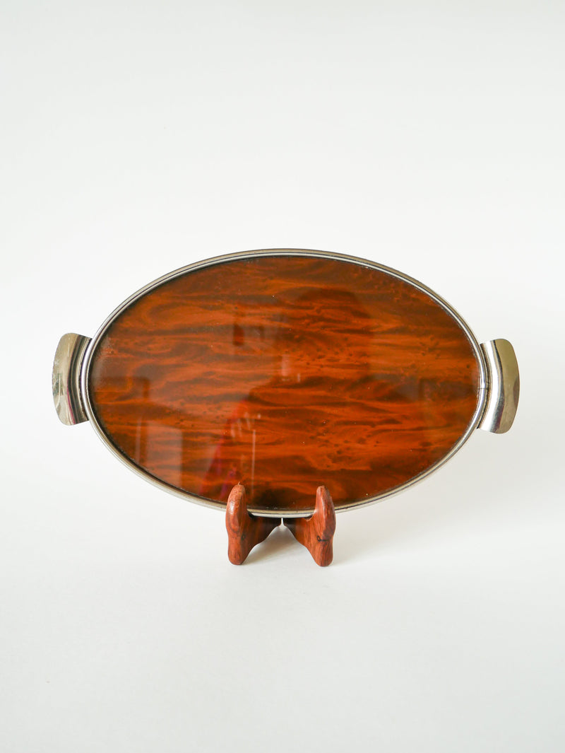 Plateau Oval En Chrome Et Bois Art Déco - 1930