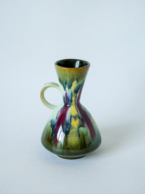 Petit Vase En Céramique Vert Et Bordeaux - 1970