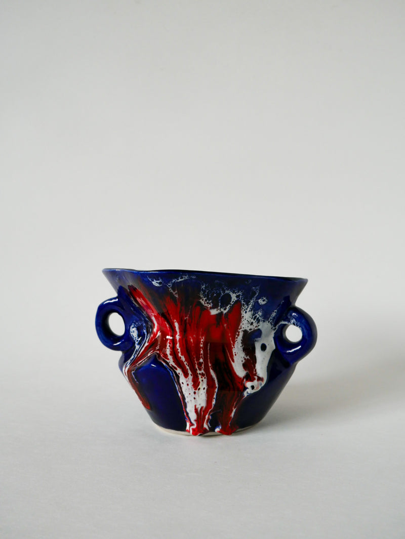 Vase En Céramique / Fat Lava Rouge - Bleu Et Blanc - 1970