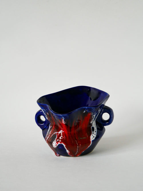 Vase En Céramique / Fat Lava Rouge - Bleu Et Blanc - 1970