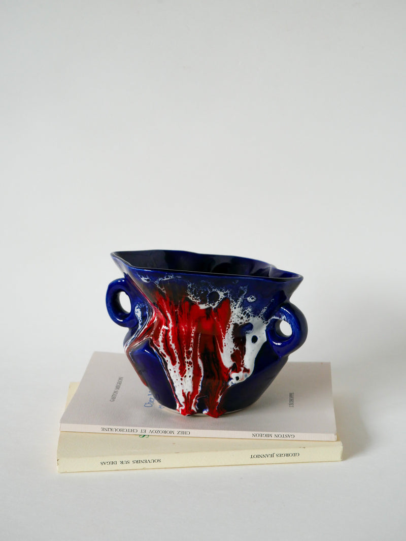 Vase En Céramique / Fat Lava Rouge - Bleu Et Blanc - 1970