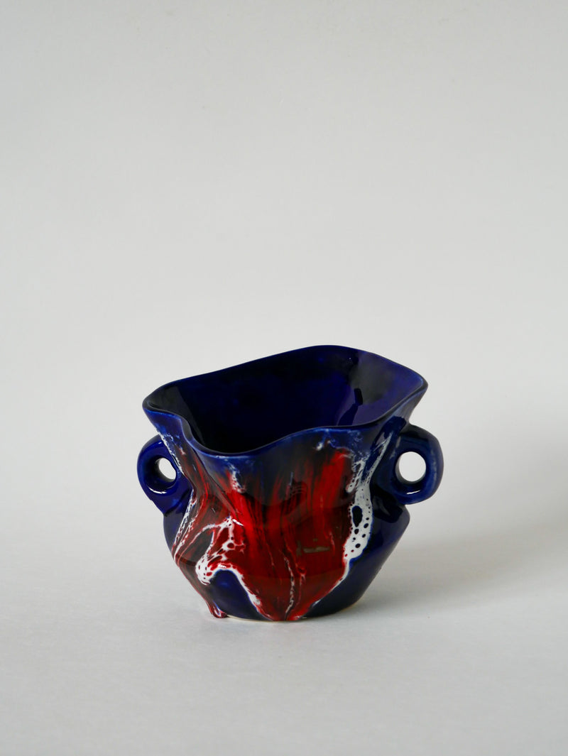 Vase En Céramique / Fat Lava Rouge - Bleu Et Blanc - 1970