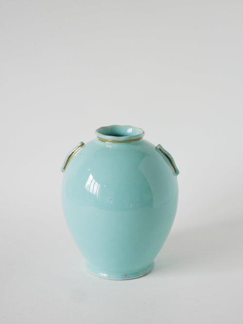 Vase Boule En Céramique, Bleu & Doré, Art Déco, 1930