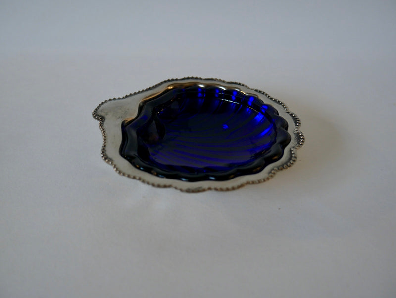 Coquillage Vide-Poche En Métal Argenté Et Intérieur En Verre Bleu - Années 60-70