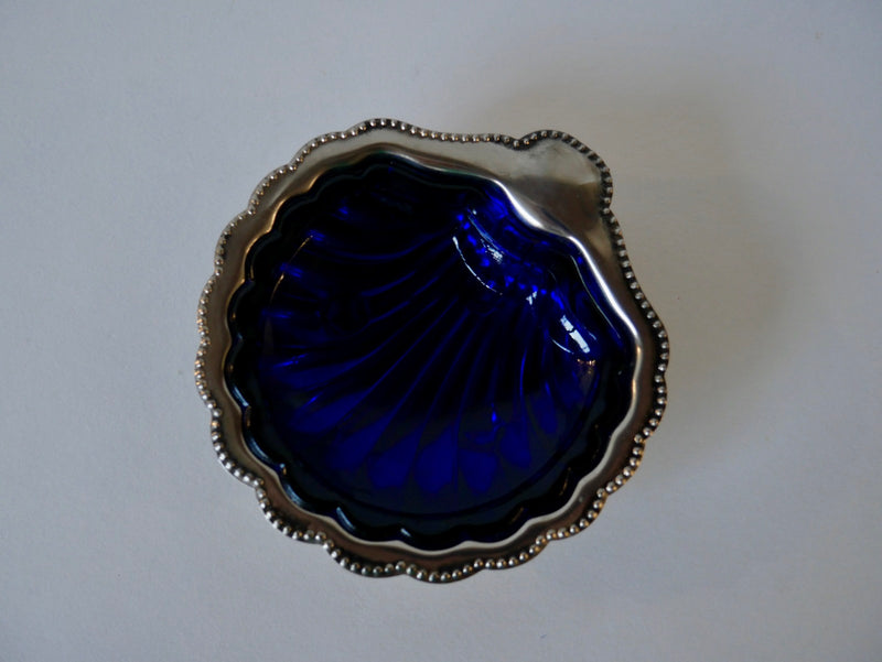 Coquillage Vide-Poche En Métal Argenté Et Intérieur En Verre Bleu - Années 60-70