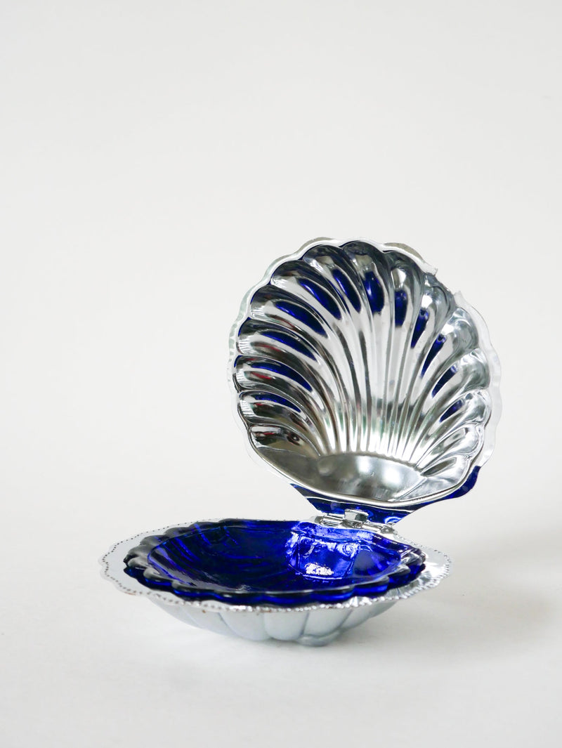 Vide-Poche Coquillage En Inox - Intérieur En Verre Bleu - 1970