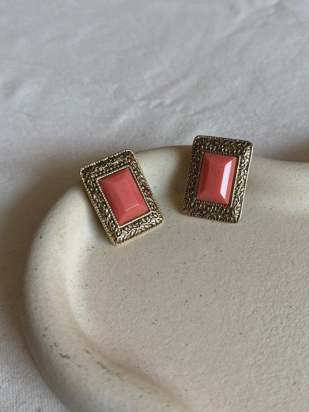 Vintage Earrings - Baroque Rectangles Pink Cabochons