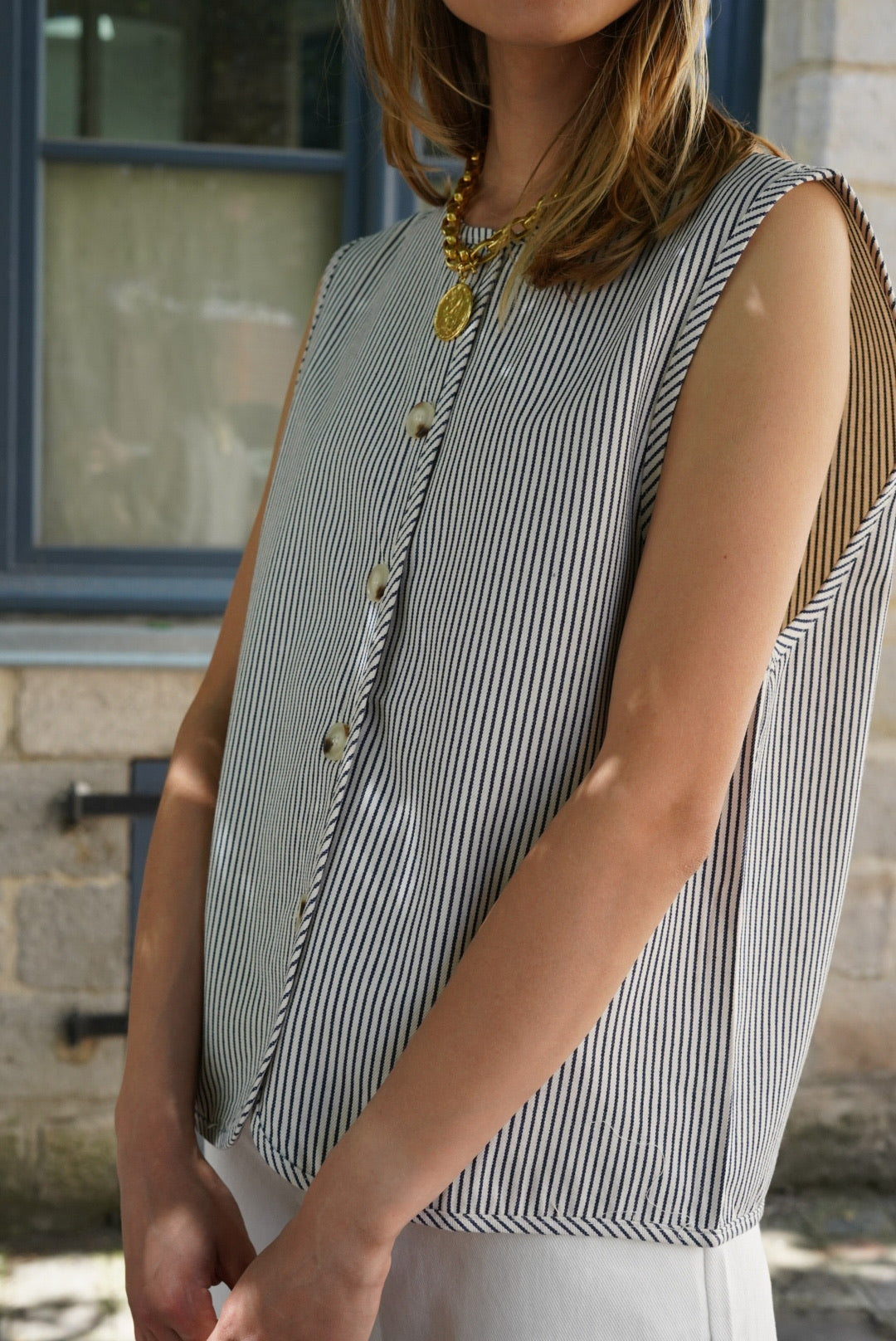 Baptiste Striped Sleeveless Vest Navy/Ecru