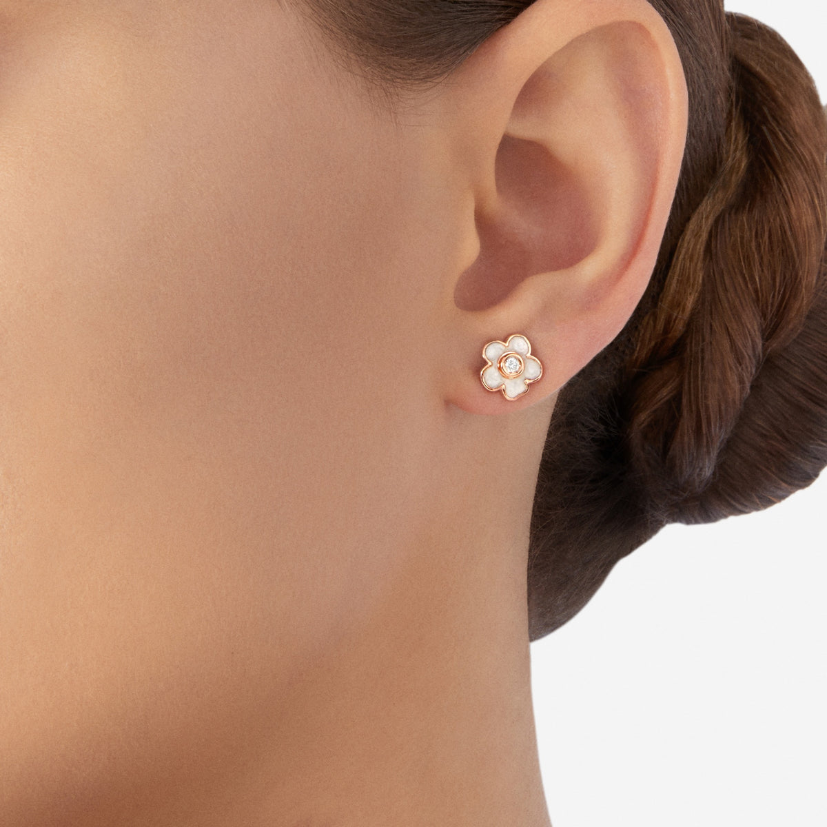 Ohrring Blume - 9K Roségold, Emaille & Diamant