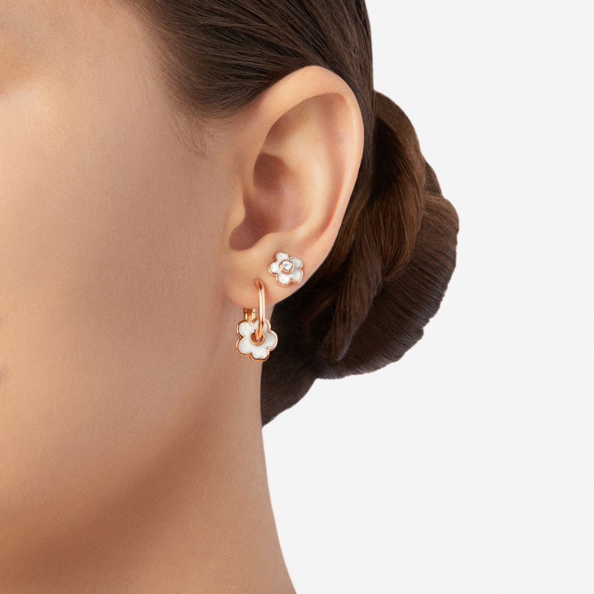 Ohrring Blume - 9K Roségold, Emaille & Diamant