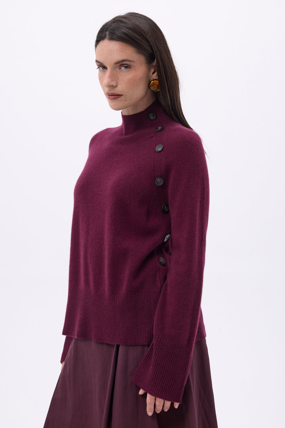 High Neck Jumper With Diagonal Buttons - Wine Lees - Women