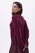 High Neck Jumper With Diagonal Buttons - Wine Lees - Women