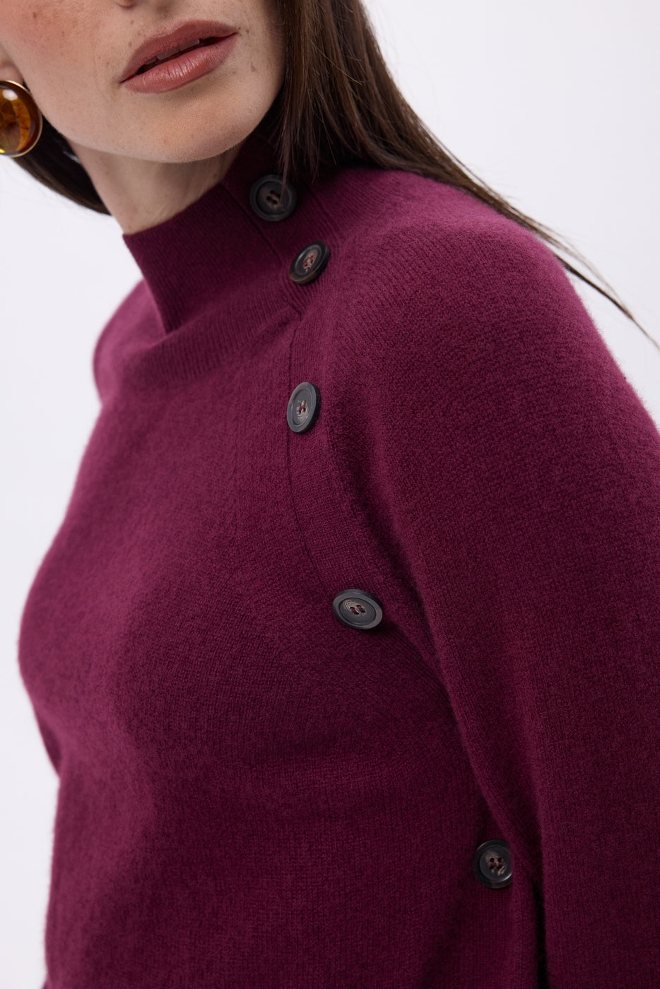 High Neck Jumper With Diagonal Buttons - Wine Lees - Women