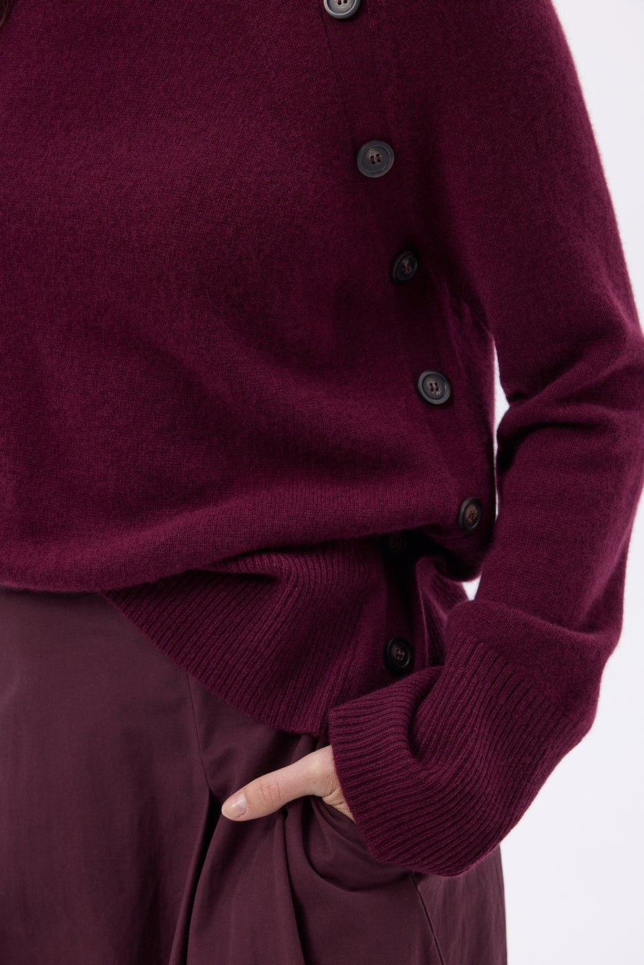 High Neck Jumper With Diagonal Buttons - Wine Lees - Women