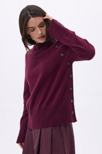 High Neck Jumper With Diagonal Buttons - Wine Lees - Women