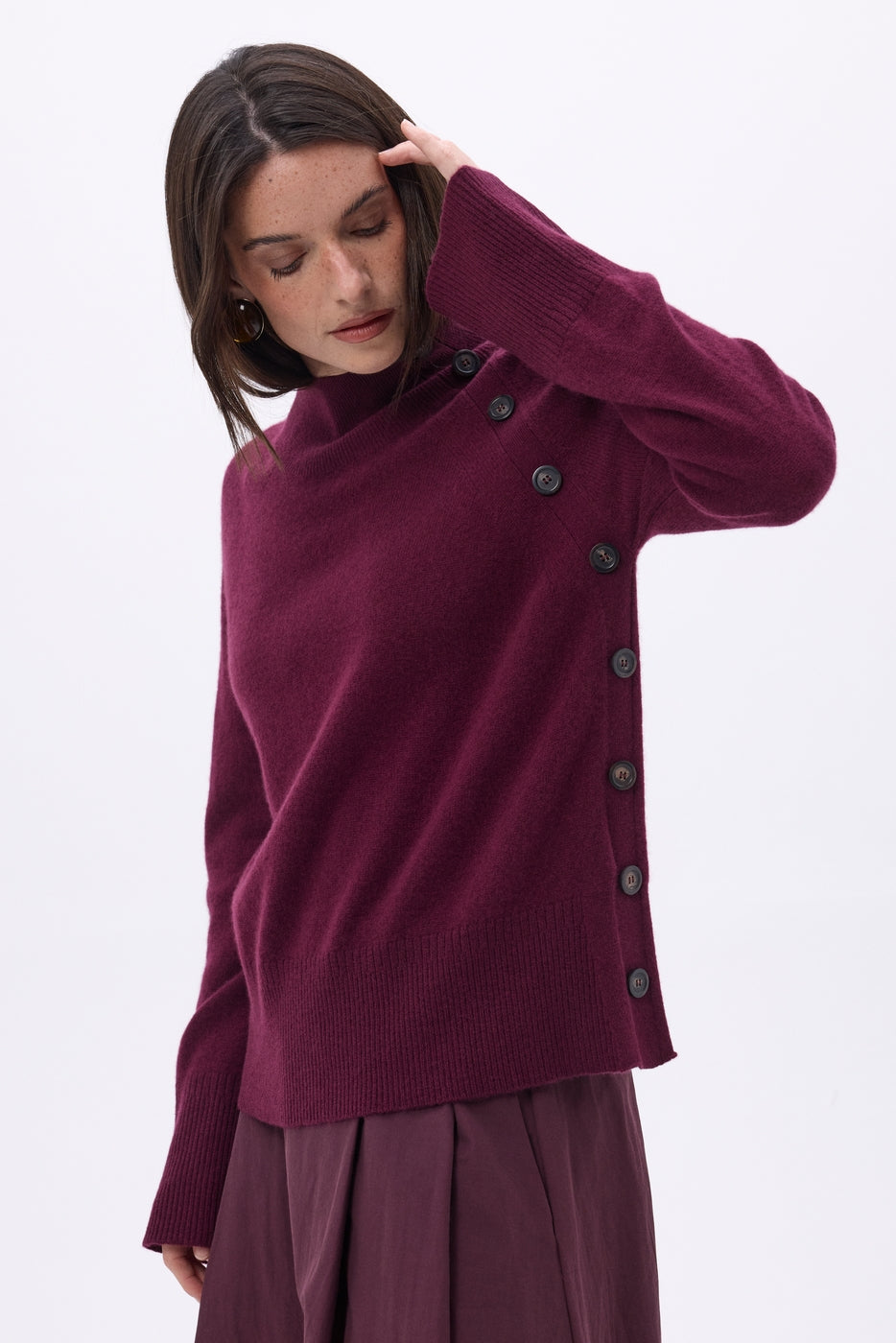 High Neck Jumper With Diagonal Buttons - Wine Lees - Women