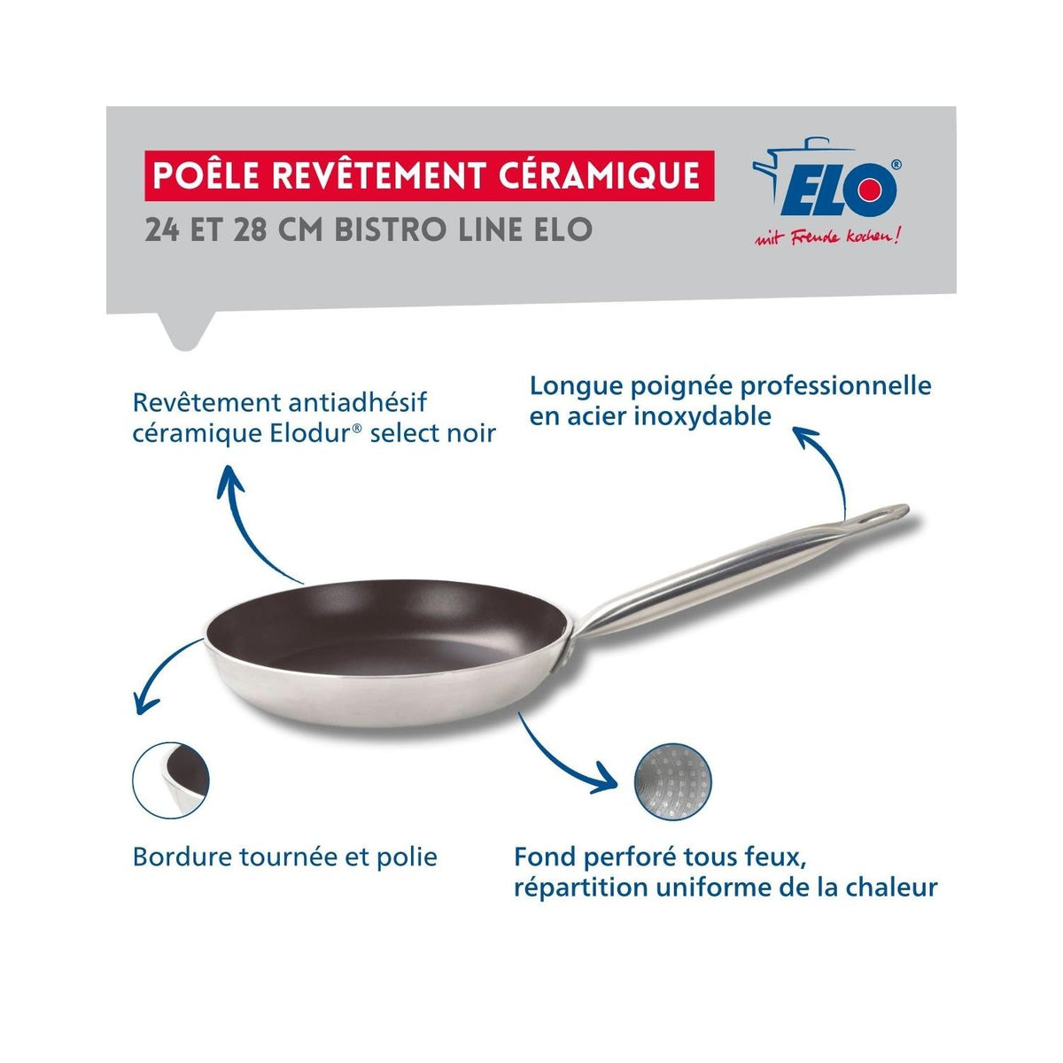 Set De 2 Poêles Céramique Sans Pfas Et 2 Couvercles Bistro Line Elo - Gris/Noir/Transparent