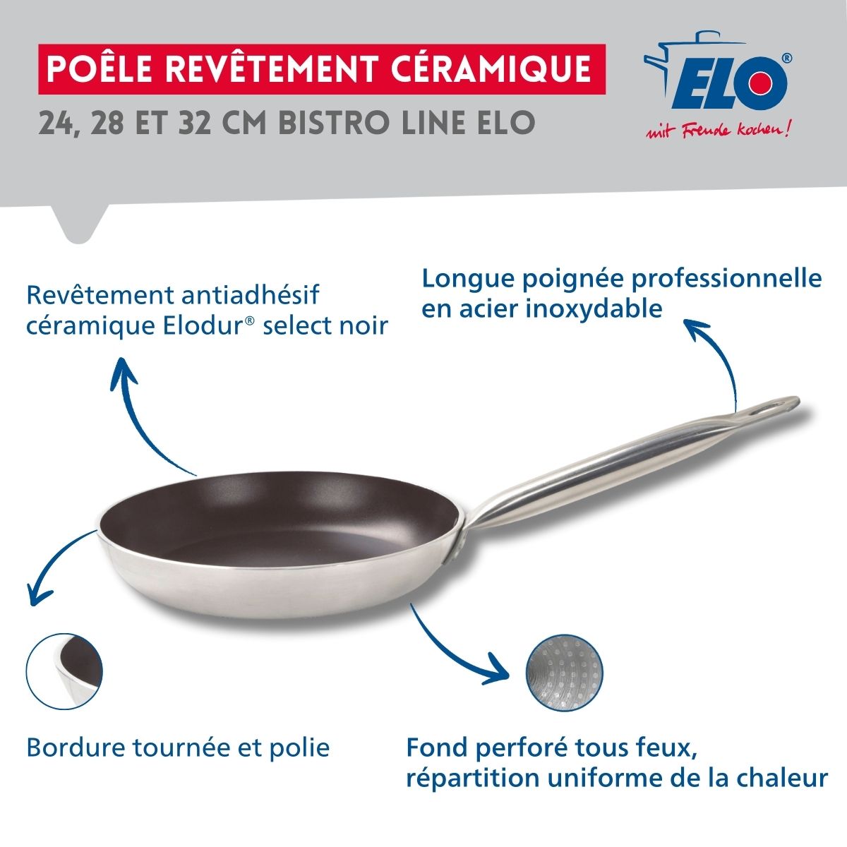 Set of 3 PFAS-Free Ceramic Frying Pans and 3 Lids Elo Bistro Line - Grey/Black/Transparent