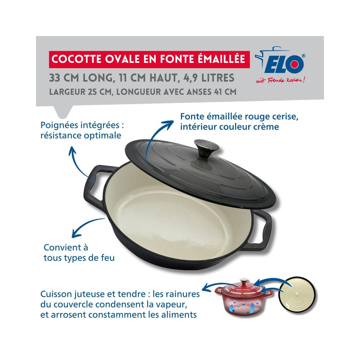 Cocotte Ovale En Fonte Émaillée Gris Classique Elo - Gris