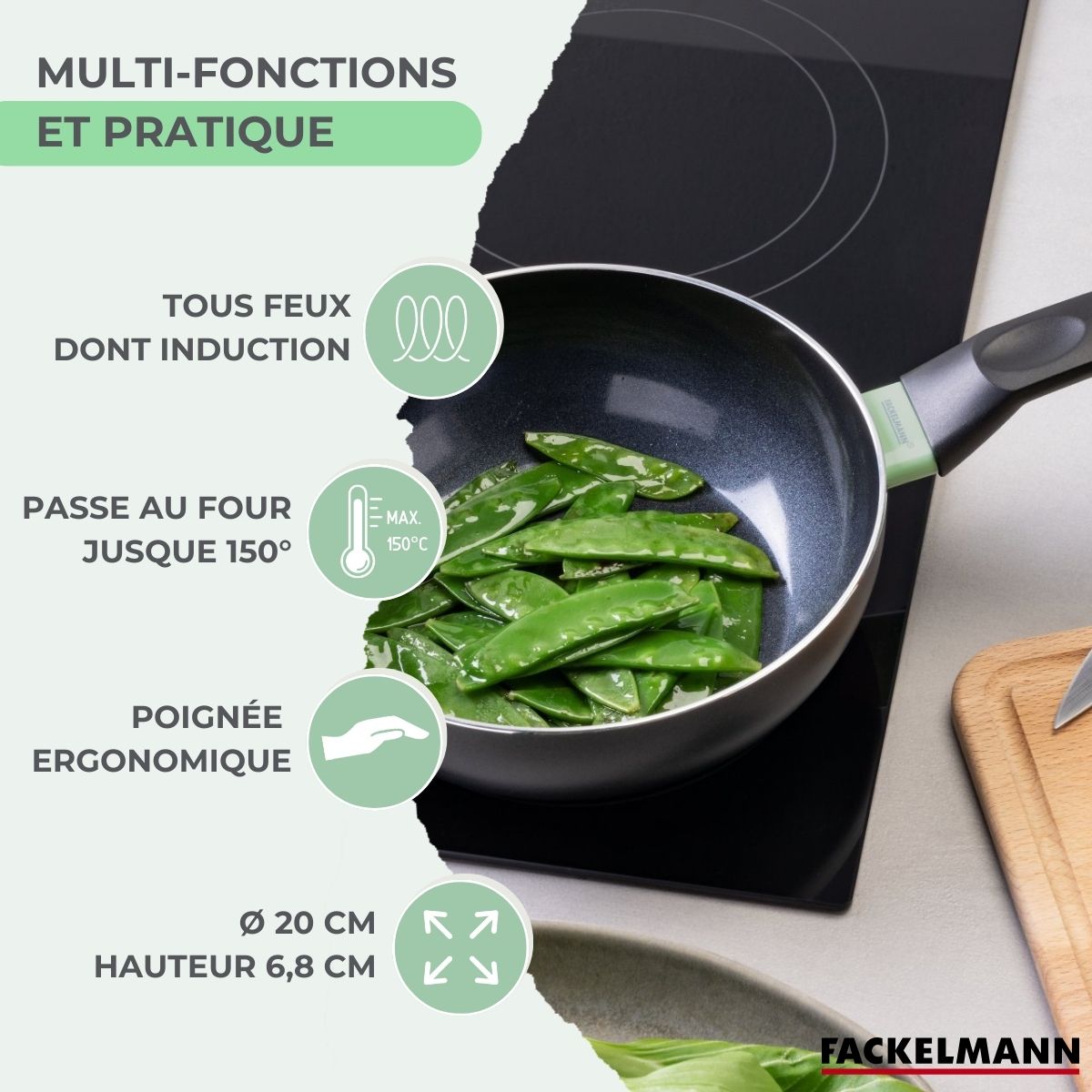 Aluminium Wok With PFAS-Free Ceramic Non-Stick Coating Fackelmann Brandao - Black/Green