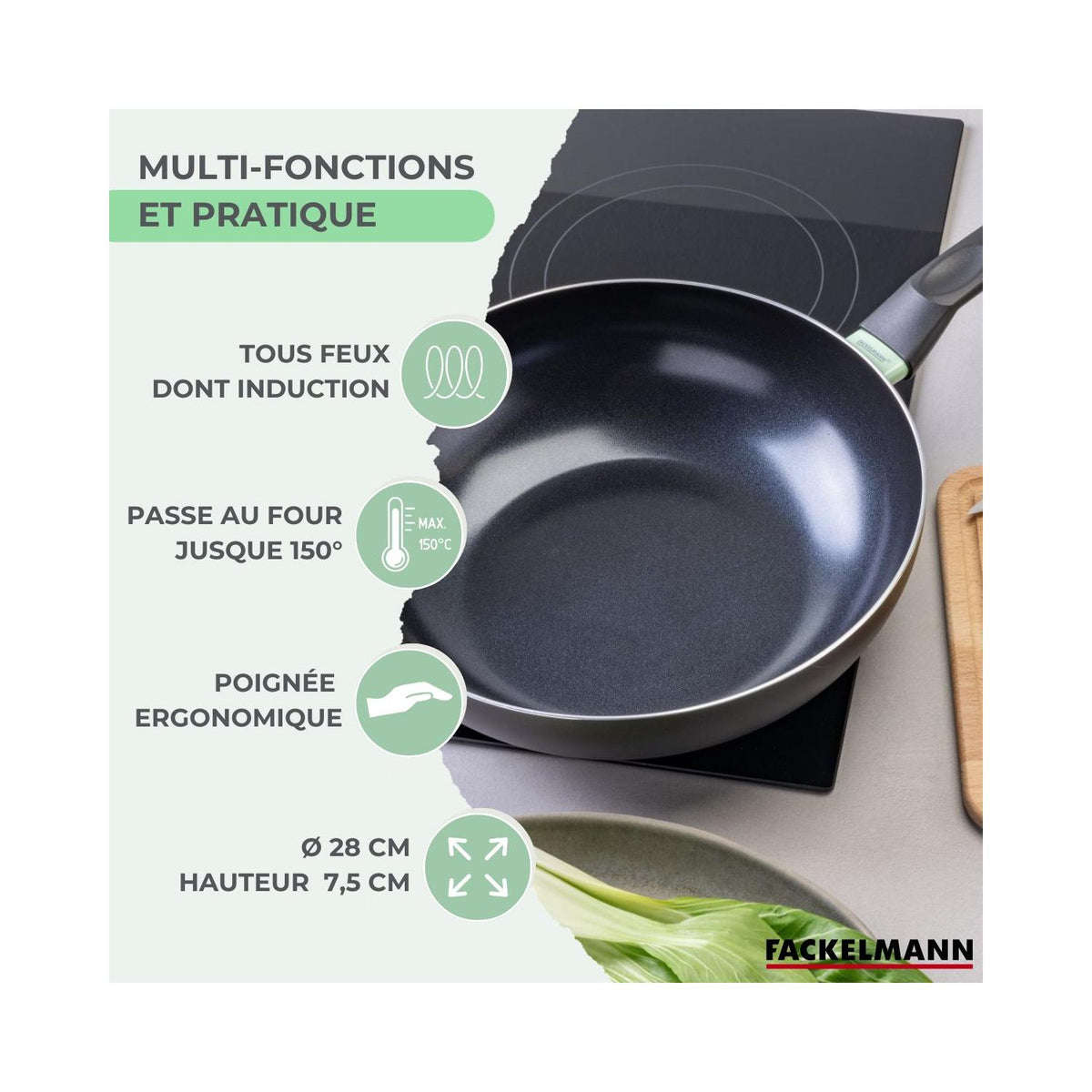 Aluminium Wok With PFAS-Free Ceramic Non-Stick Coating Fackelmann Brandao - Black/Green