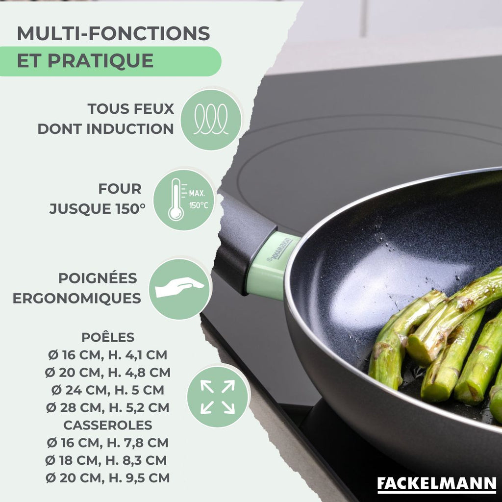 Cookware Set with 4 Frying Pans, 3 Saucepans and 5 PFAS-Free Fackelmann Brandao Vario Kitchen Utensils - Black/Green