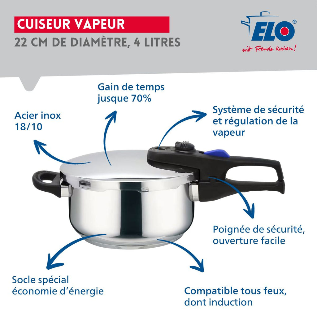 Olla A Presión Al Vapor De Acero Inoxidable 18/10 Elo Praktika - Inox/Negro