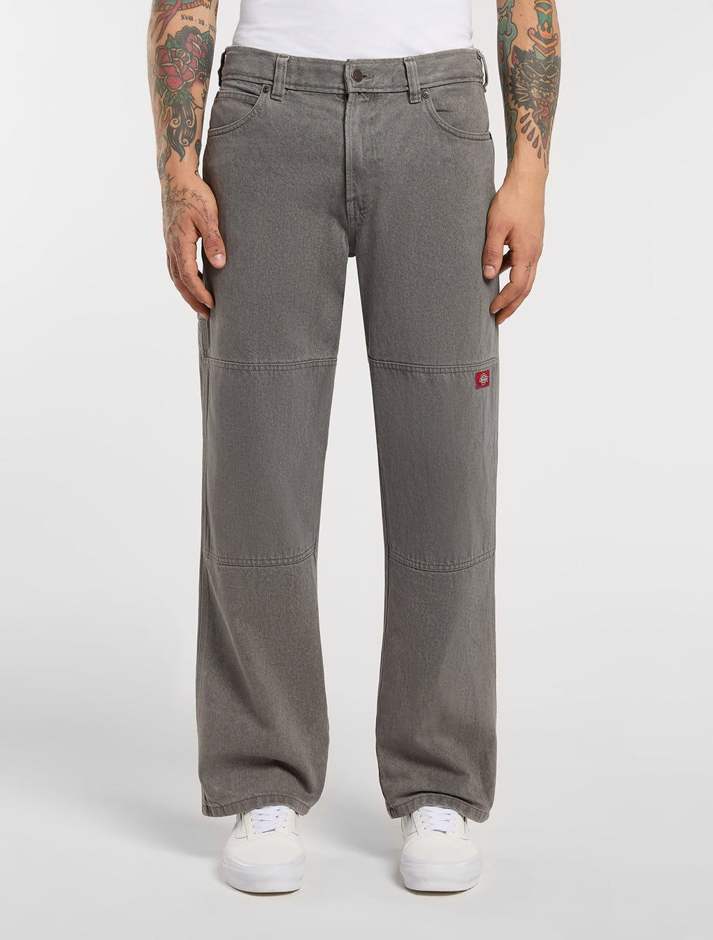 Double Knee Loose Straight Jeans - Grey Wash Tinted