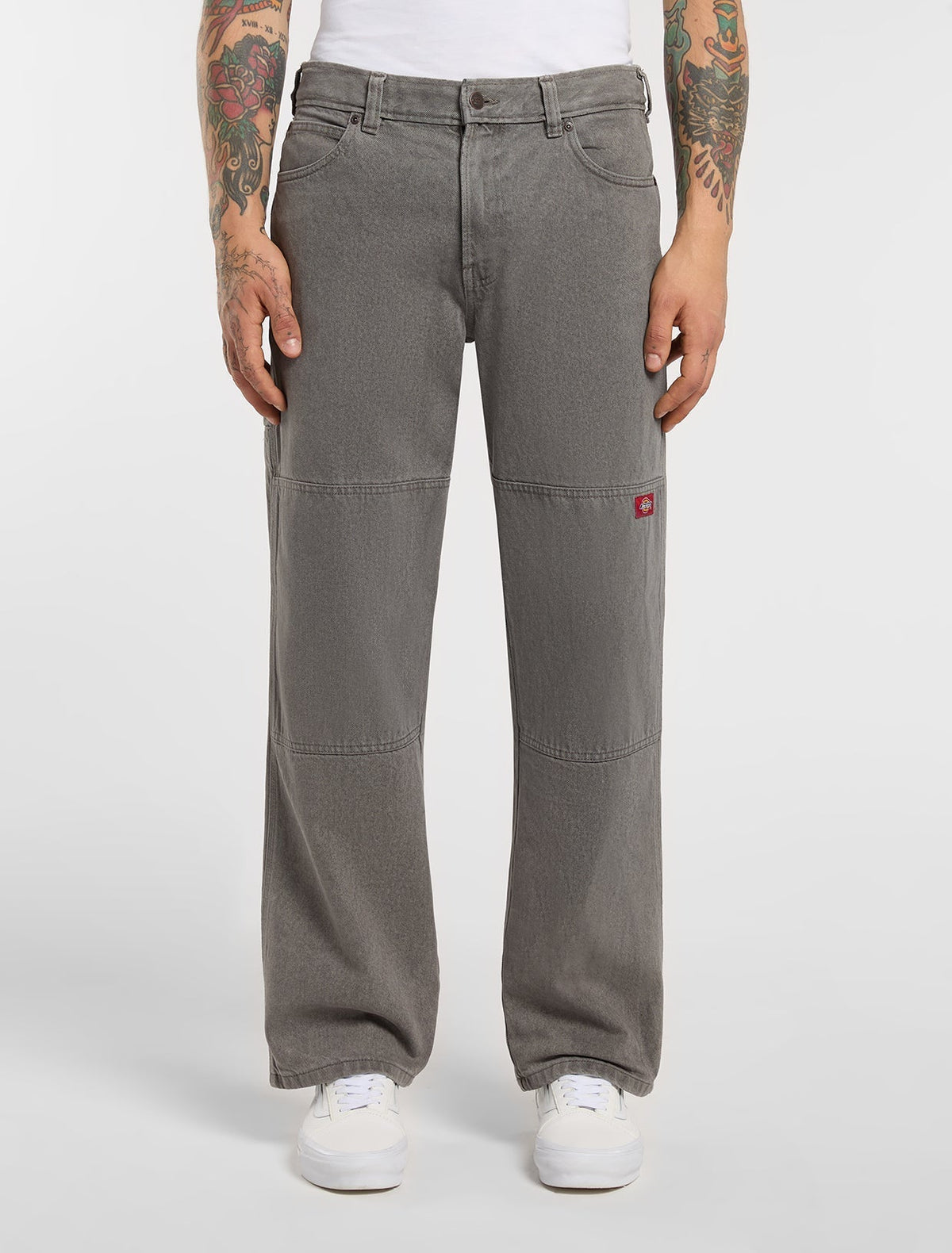 Double Knee Loose Straight Jeans - Grey Wash Tinted