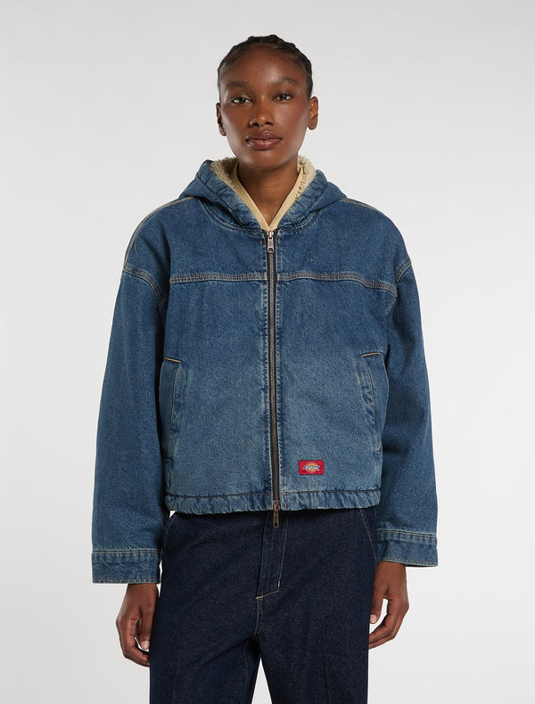 Giacca in denim con cappuccio Miami - Lavaggio blu medio sbiadito - Donna