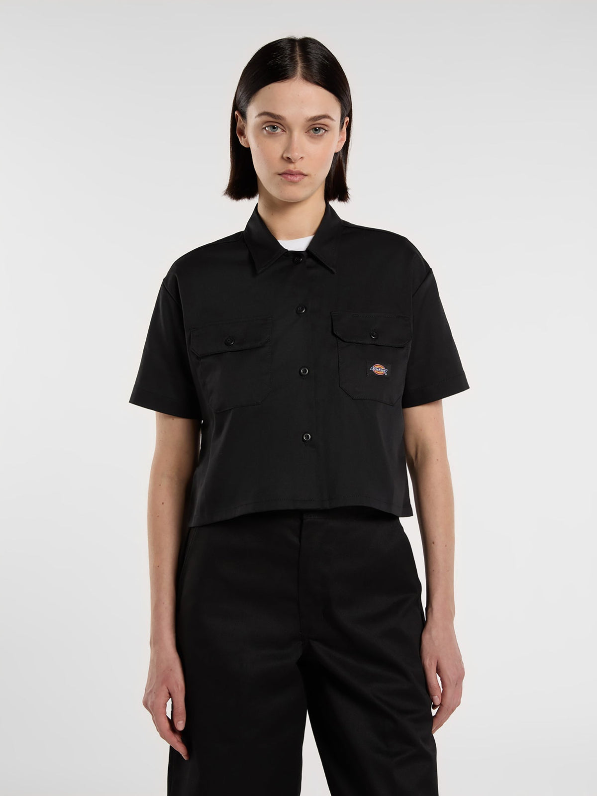 Cropped Short Sleeve Work Shirt - Black