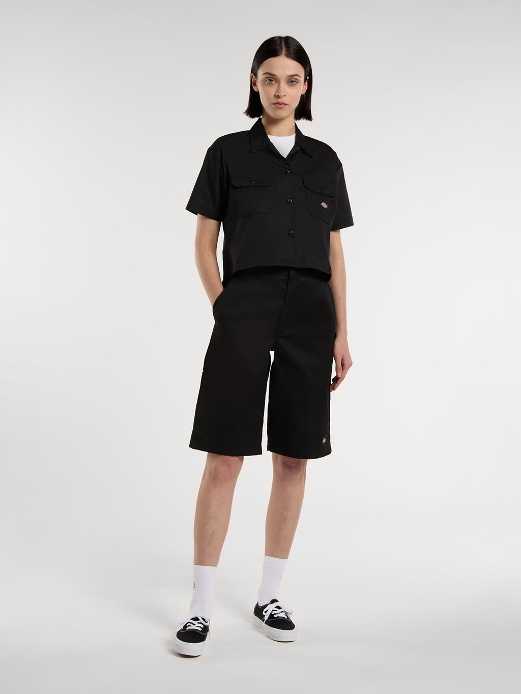 Cropped Short Sleeve Work Shirt - Black