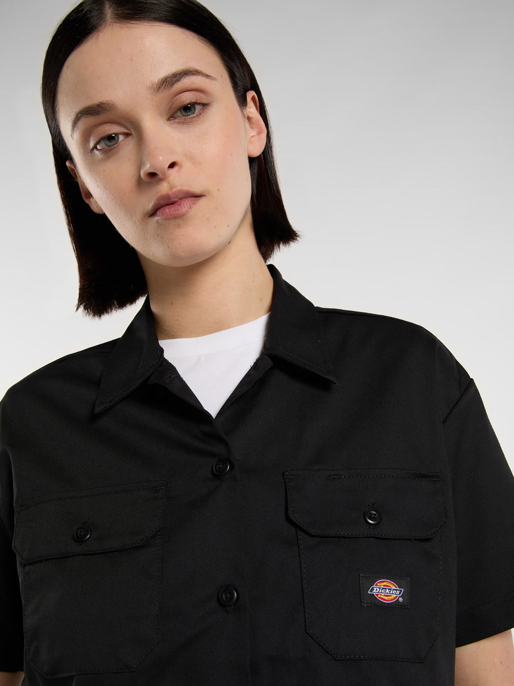 Cropped Short Sleeve Work Shirt - Black