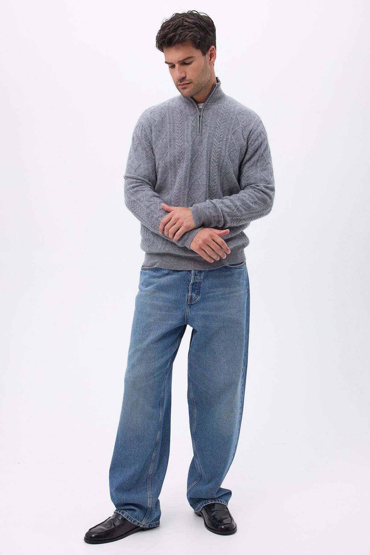 Jersey de cuello alto grande con cremallera y trenzas H Dov - Gris oscuro - Hombre