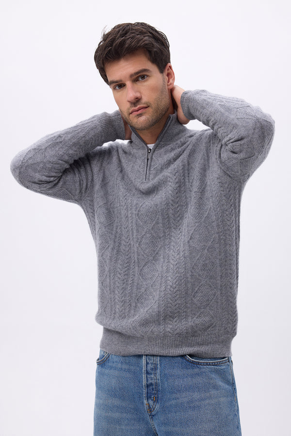 Pull Grand Col Montant Zippé Torsades H Dov - Gris Fonce - Homme