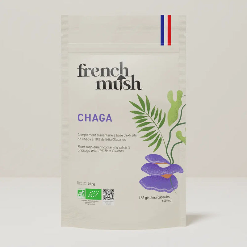 French Mush compléments alimentaires à base d'extraits de champignons médicinaux biologiques fabriqués en France Le Chaga Bio - gélules - 168 Gélules