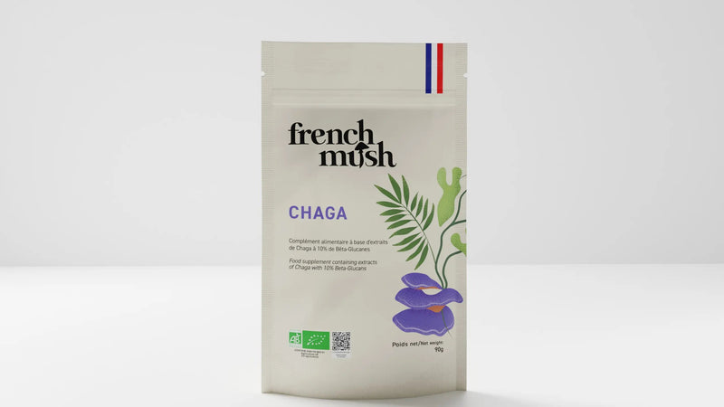 French Mush compléments alimentaires à base d'extraits de champignons médicinaux biologiques fabriqués en France Le Chaga Bio - poudre - 90 g