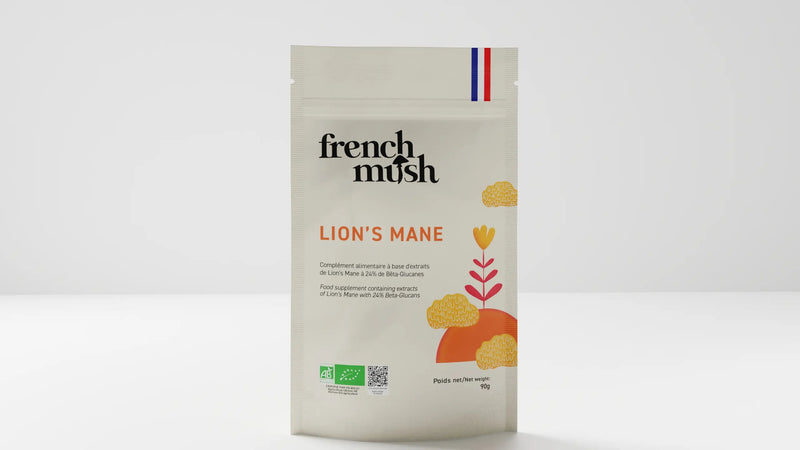 French Mush compléments alimentaires à base d'extraits de champignons médicinaux biologiques fabriqués en France Le Lion’s Mane Bio - poudre - 90 g