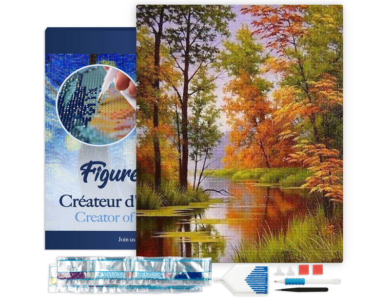 Broderie Diamant - Lac En Automne 40X50Cm Toile Tendue Sur Châssis