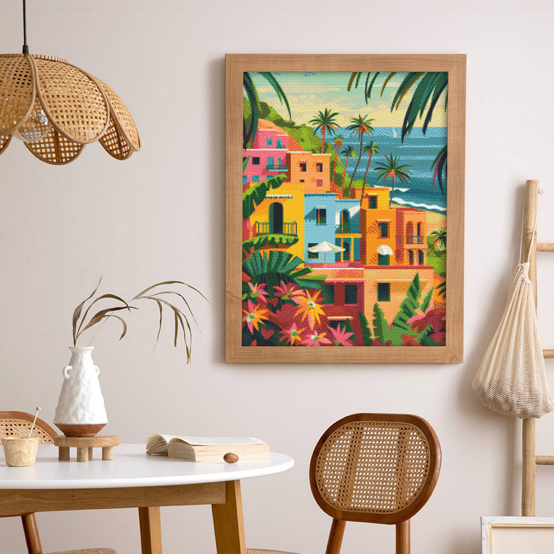 Broderie Diamant - Ville Côtière Marocaine 40X50Cm Toile Tendue Sur Châssis