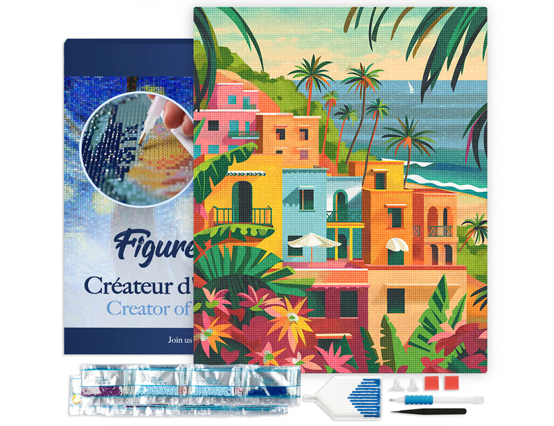 Broderie Diamant - Ville Côtière Marocaine 40X50Cm Toile Tendue Sur Châssis