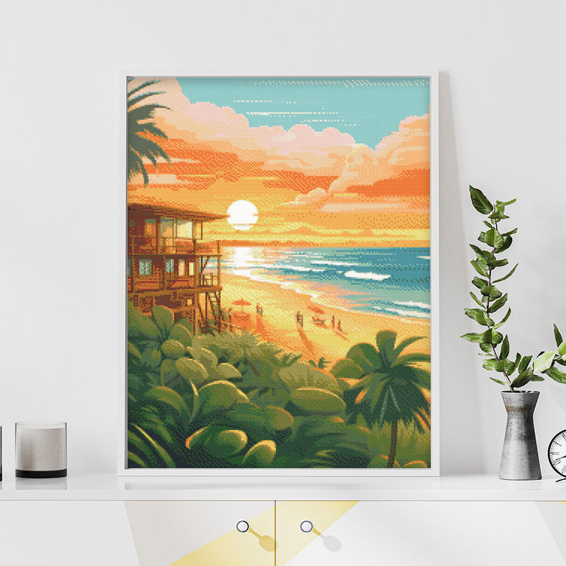 Broderie Diamant - Club De Plage Au Coucher Du Soleil 40X50Cm Toile Tendue Sur Châssis