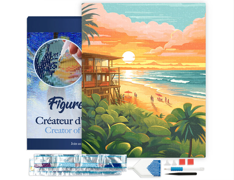 Broderie Diamant - Club De Plage Au Coucher Du Soleil 40X50Cm Toile Tendue Sur Châssis